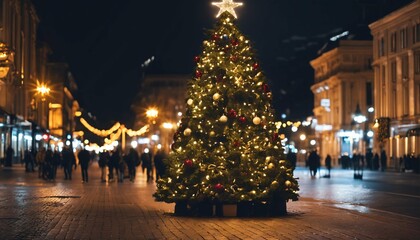 Fototapeta na wymiar Christmas tree lights illuminating an urban street scene for a festive concept theme