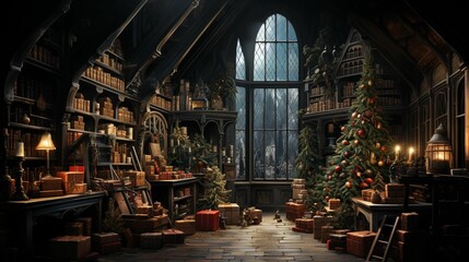 Obraz premium Library with many books on the shelves and lights in the dark