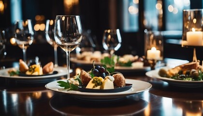 Elegant restaurant table with wine glass and appetizers in a soft light and romantic atmosphere for wedding dinner service - obrazy, fototapety, plakaty