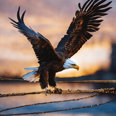 Large bald eagle swooping his wings and flying through the sky