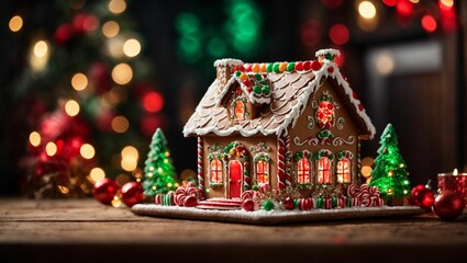 a gingerbread christmas house next to christmas repetitivers and lights