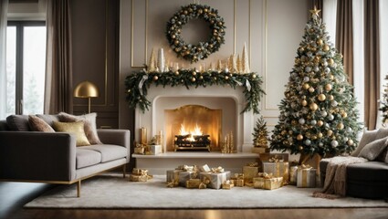 a living room with a fireplace decorated for christmas trees, presents and decorations