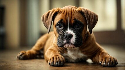 puppy laying down on floor with paw touching face looking into camera