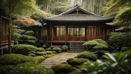 an asian style building is surrounded by trees and bushes,