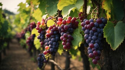Obraz premium Grapes growing on vines during the fall season in an urban vineyard