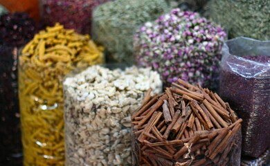 Great selection of different spices at the market in Dubai, UAE.