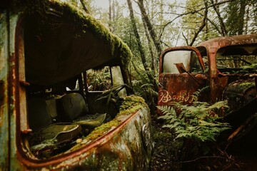 Couple of rusted out trucks in the woods near a forest