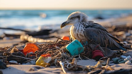 Small bird perched on a pile of rubbish, overlooking the tranquil ocean shoreline