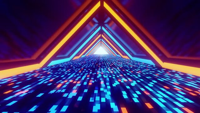 3D abstract of running in a triangle shape tunnel with neon lights glowing in seamless pattern