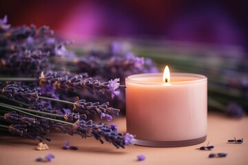 AI generated illustration of a candle placed next to a beautiful bouquet of fresh lavender flowers