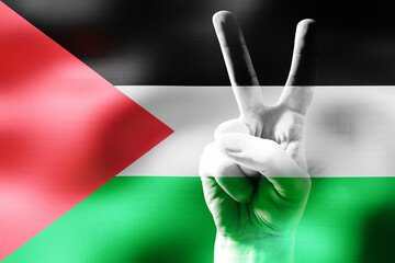 Palestine - two fingers showing peace sign and national flag - obrazy, fototapety, plakaty