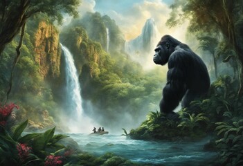 Obraz na płótnie Canvas AI generated illustration of a gorilla stands beside a powerful waterfall