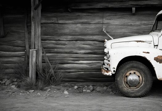 An AI illustration of An AI illustration of an old pickup truck is parked in front of a log cabin