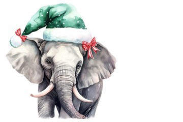 watercolor painting of a elephant wearing a christmas hat