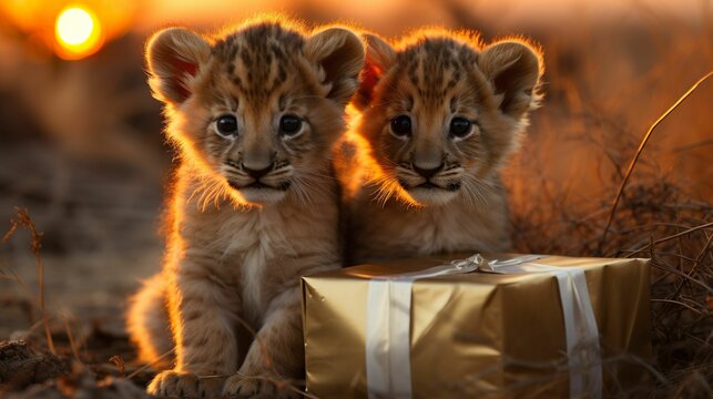 AI-generated illustration of two adorable lion cubs with a festive gift box - Powered by Adobe