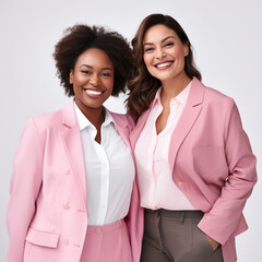 Women smiling dressing pink clothes isolated in a white background