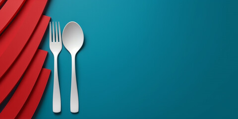 Paper cut spoon and fork with copy space. Creative background with mockup space