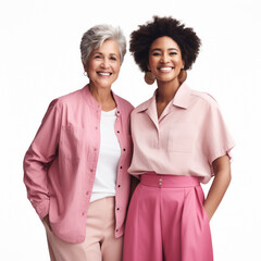 Old and young woman smiling dressing pink clothes isolated in a white background