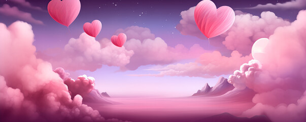 Fototapeta na wymiar Romantic Heart Balloons Over a Night Sky Panorama