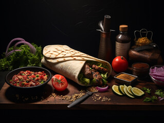 Shawarma ingredients over a wood table waith accessories, dark background, realistic photo