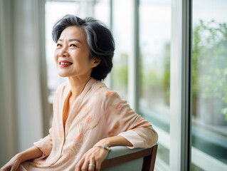 Smiling middle aged asian woman backwards sitting on a chair looking through window blurred background