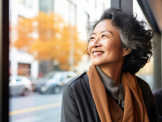 Smiling middle aged asian woman backwards sitting on a chair looking through window blurred background