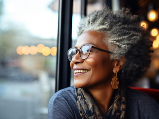 Smiling middle aged afro woman backwards sitting on a chair looking through window blurred background