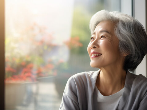 Smiling middle aged asian woman backwards sitting on a chair looking through window blurred background