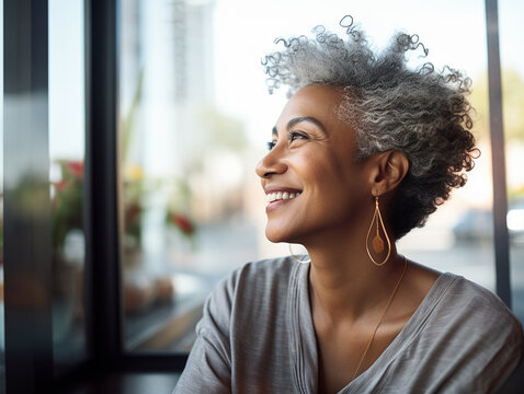 Smiling middle aged afro woman backwards sitting on a chair looking through window blurred background