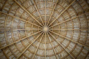 there is a bamboo roof with lots of straws inside