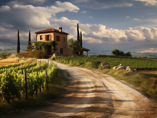 Tuscany road vineyard and antique house