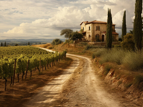 Tuscany road vineyard and antique house