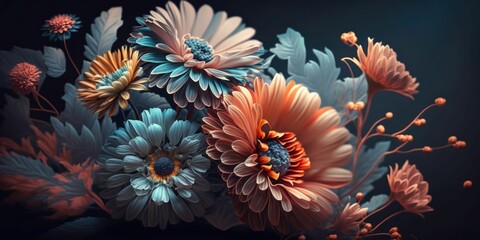 AI generated illustration of an abstract floral arrangement featuring a multitude of vibrant blooms