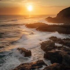 Obraz premium AI generated illustration of A vibrant sunset casting its warm light over a rocky coastline