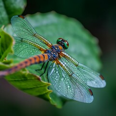 a small blue dragonfly sitting on a leaf with water droplets