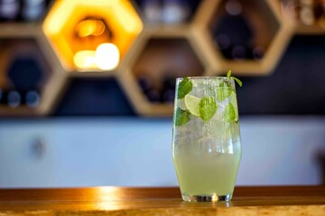 A tall glass of refreshing mojito topped with lime wedge slices, perfect for hot summer days. Ready