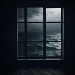 AI generated window with a dark frame,looking out over a calm ocean expanse