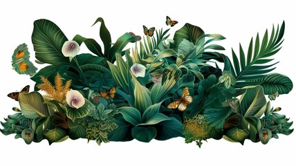 AI generated illustration of a white background with a variety of green plants and butterflies