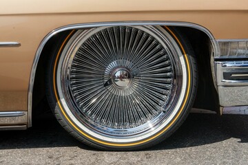 Closeup of a tire of a vintage, beige car