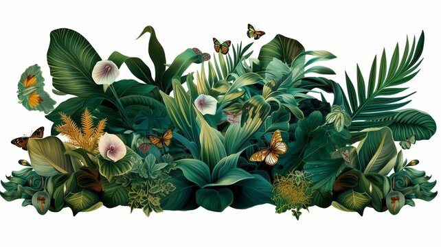 AI generated illustration of a white background with a variety of green plants and butterflies © Wirestock