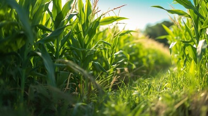 Obraz premium AI generated illustration of lush green cornfield illuminated by a golden sun