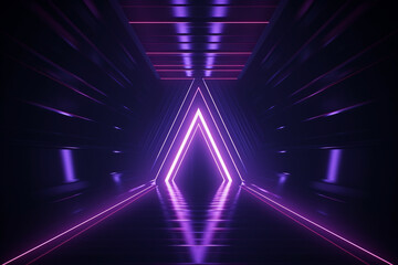 3d render. Geometric figure in neon light against a dark tunnel. Laser glow. Neon backgrounds