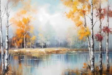 Naklejka na ściany i meble AI generated tranquil autumn landscape with lake surrounded by trees