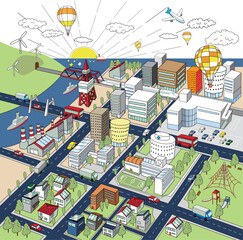 海沿いのにぎわいのある街並みの俯瞰イラスト（背景透過）