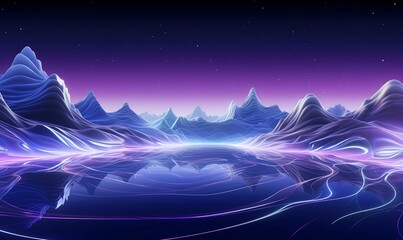 AI generated illustration of an ethereal mountain lake illuminated with purple hue