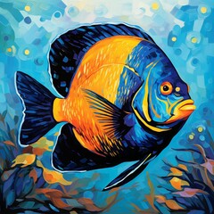 AI-generated illustration of an orange and blue fish swimming in the ocean
