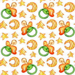 Watercolor illustration of a child's drawing pattern of orange stars, moon and pacifier on a white background. Design concept for poster, card, banner, clothing, wallpaper, wrapping paper, packaging,
