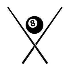 Two crossed cues and a billiard ball number eight. Billiard club emblem. Flat vector illustration isolated on white background.