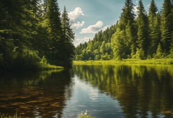 Fototapeta na wymiar AI generated illustration of a tranquil lake surrounded by lush, tall trees in a dense forest