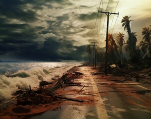 AI generated illustration of a weathered landscape of the shoreline a storm - obrazy, fototapety, plakaty